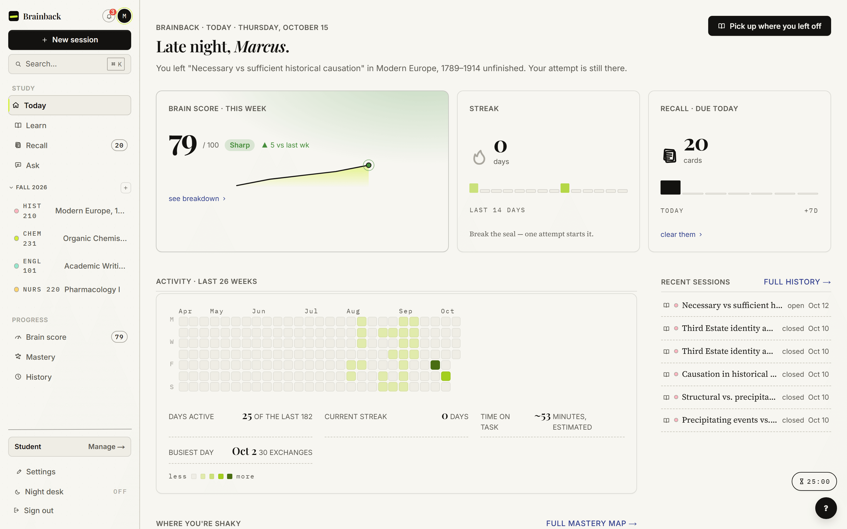 Brainback Today dashboard — Brain score, streak, recall due, activity heatmap