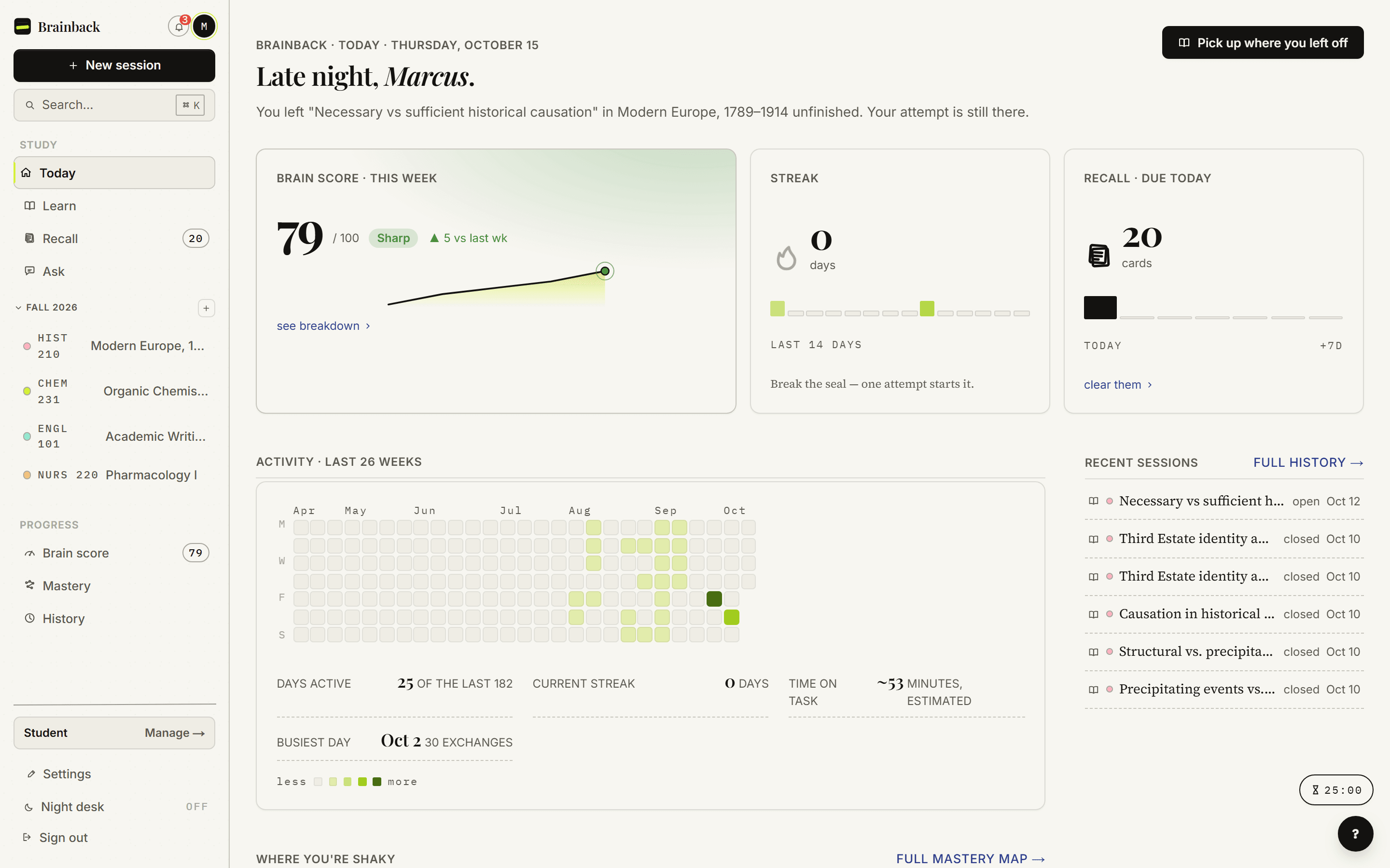 Today dashboard with Brain score, streak, due cards, and the next exam countdown